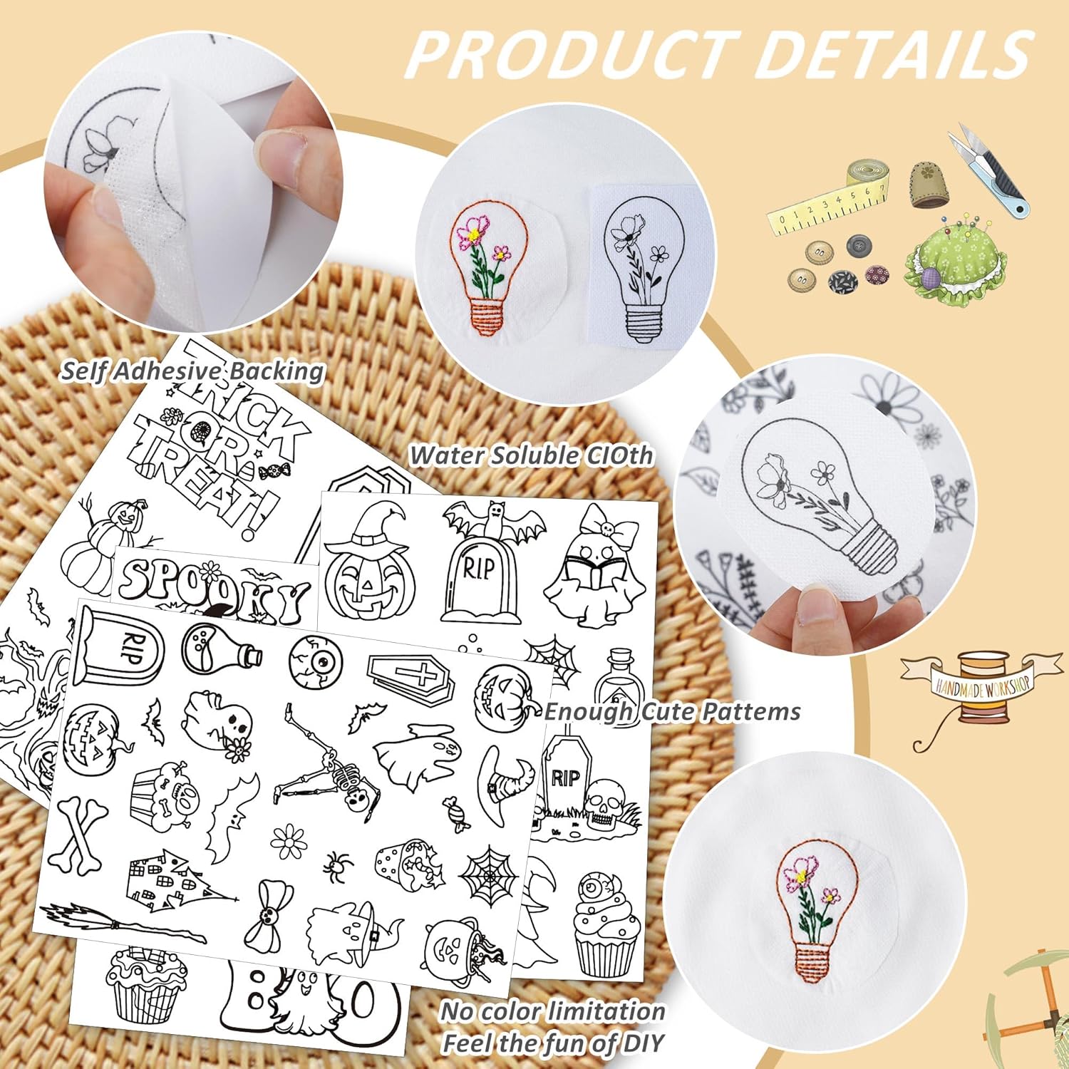 수용성 안정제 자수 패턴, 할로윈 스틱 앤 스티치 자수 - Textile Sewing Patterns 리뷰 및 가격